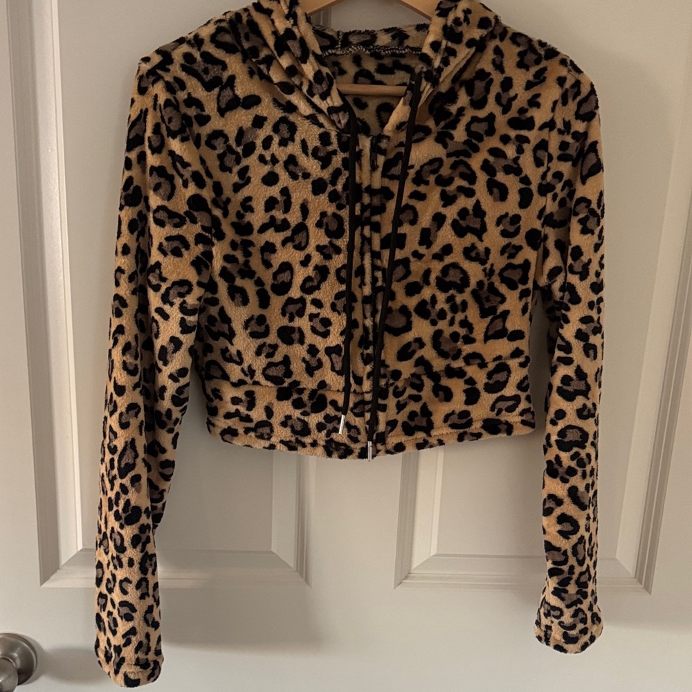 Cropped Leopard Teddy Zip-Up Jacket - Tan/Black